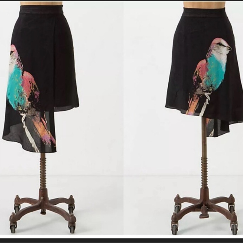 Leifsdottir Black Asymmetrical Skirt with Colorful Bird Design silk 6